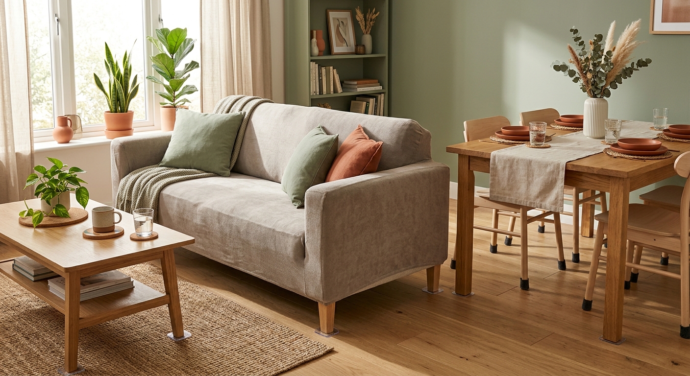 Cozy living room showing furniture protection elements including a covered sofa and felt pads under chair legs