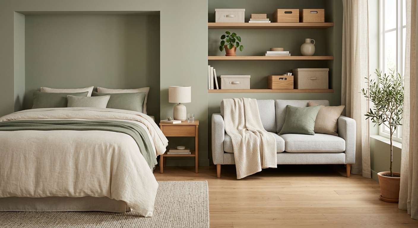 Modern minimalist bedroom and living space with organized home essentials in sage green and cream tones