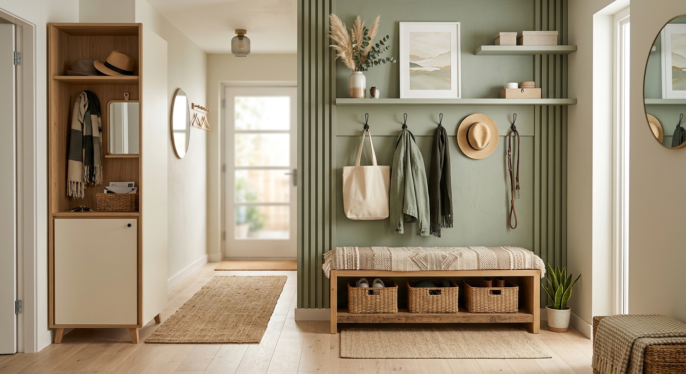 Organized modern entryway with a bench, storage baskets, and hooks in a clean minimalist home