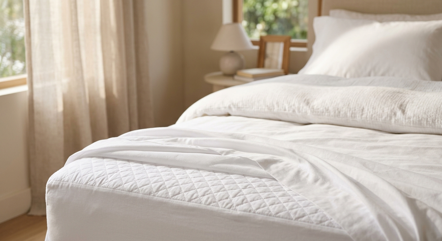 Close-up of a clean white bed with a waterproof mattress protector under crisp sheets in a sunlit bedroom