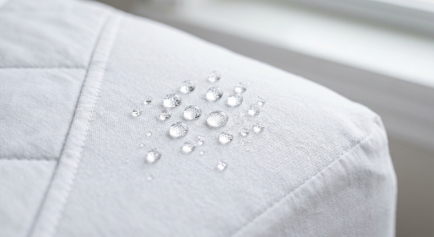 Water droplets beading on the surface of a waterproof mattress protector fabric