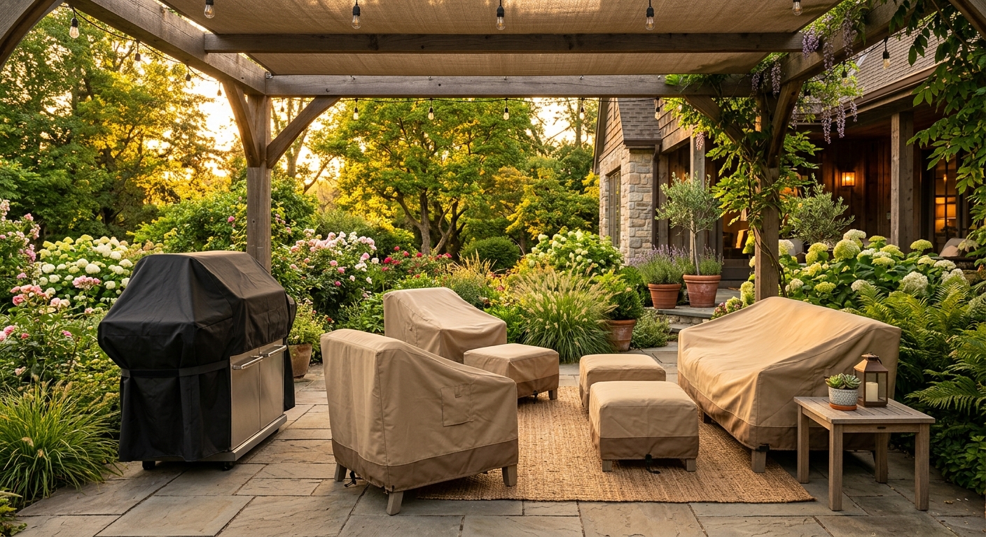 Outdoor patio with covered furniture including a grill and seating set at golden hour