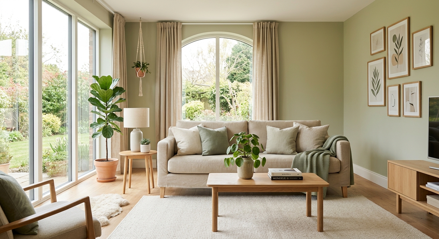 Modern living room with a neutral beige sofa covered in a fitted slipcover, natural light, minimalist decor