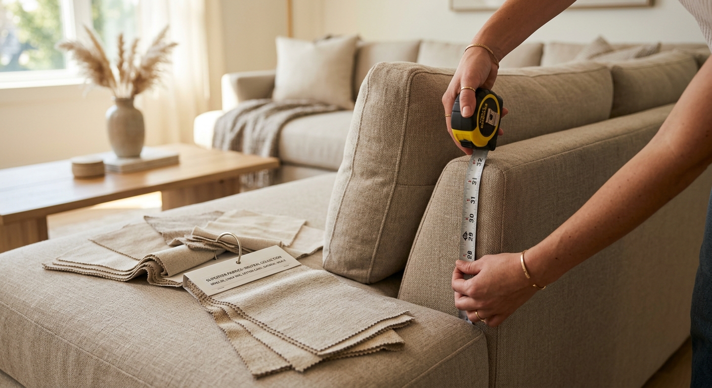 Hands measuring a sofa with a tape measure next to fabric swatches for a slipcover